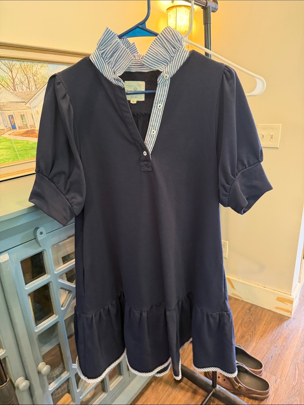 Umgee Navy Mini Dress with Striped Ruffle Collar